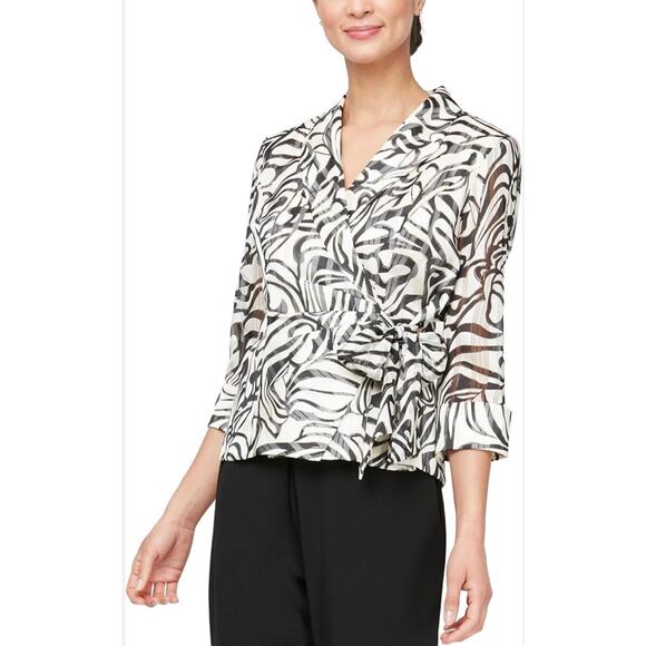 Alex Evenings 3/4 Sleeve Collard Neck Tie Waist Printed Blouse - Picture 1 of 10